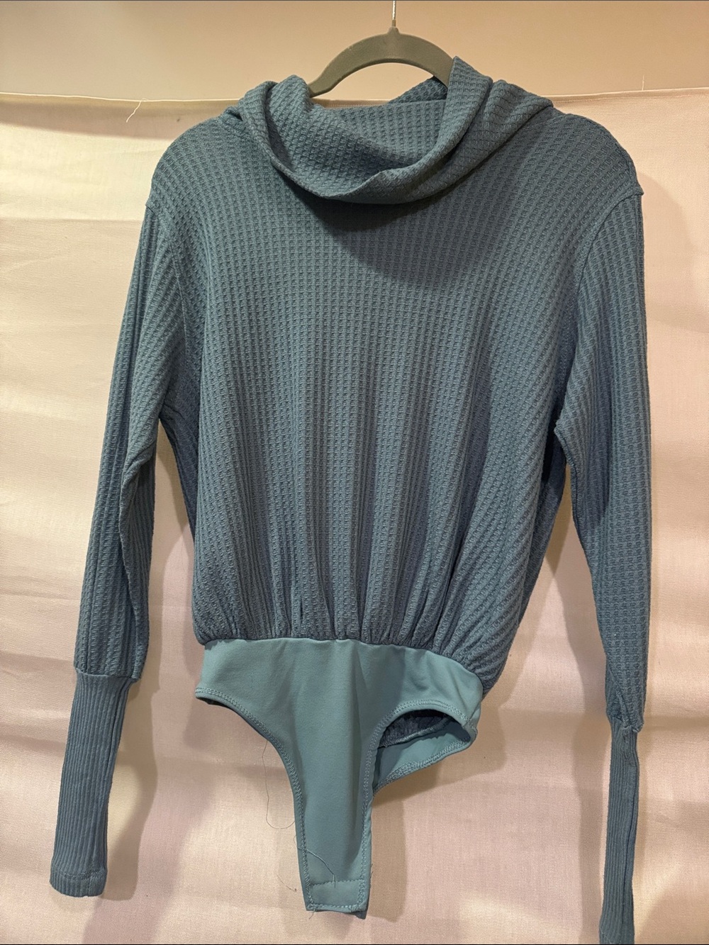 Intimately by Free People Waffle-Knit Cowl Neck Bodysuit in Dusty Teal